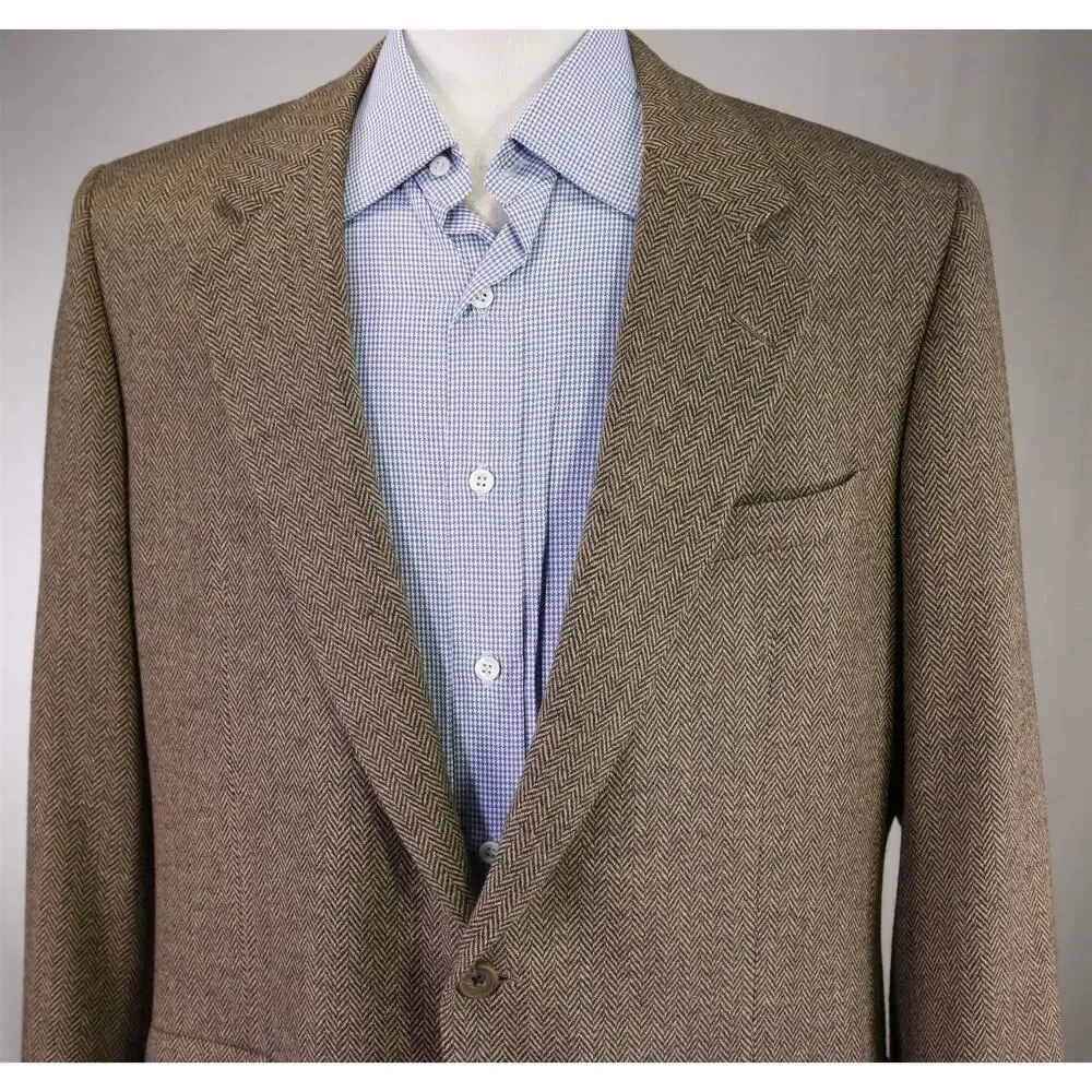 Hickey Freeman Brown Herringbone Tweed 2-Btn Wool Sportcoat Blazer 46L